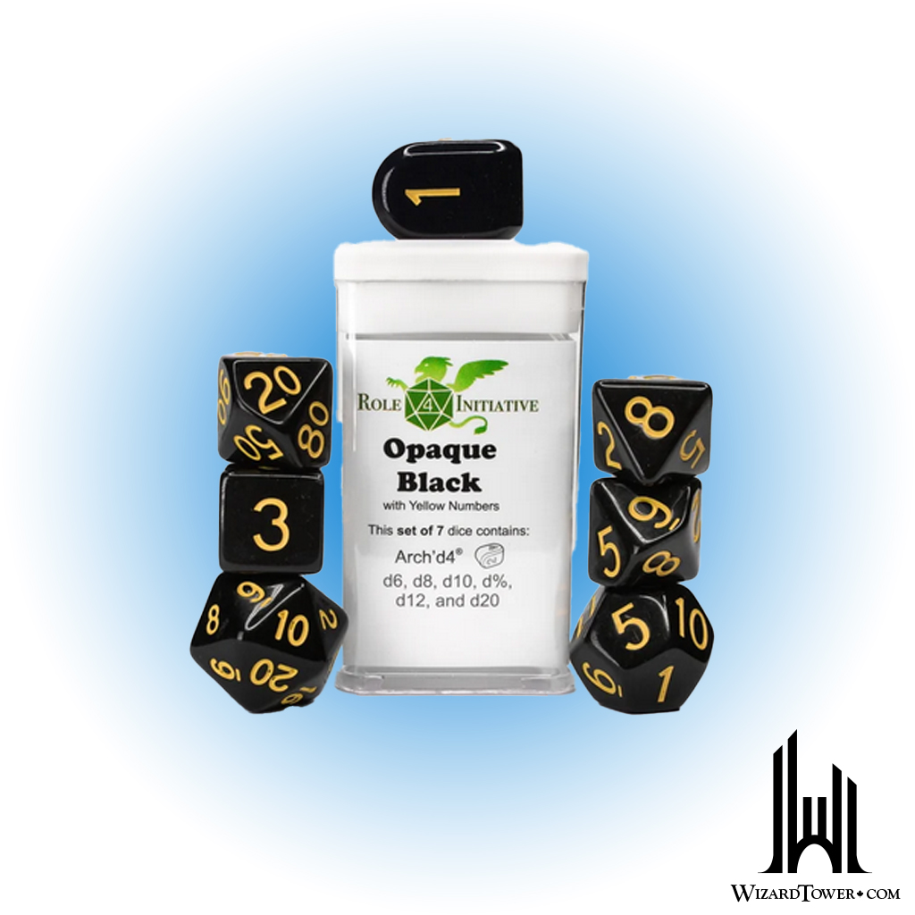 SET OF 7 DICE: OPAQUE BLACK/YELLOW